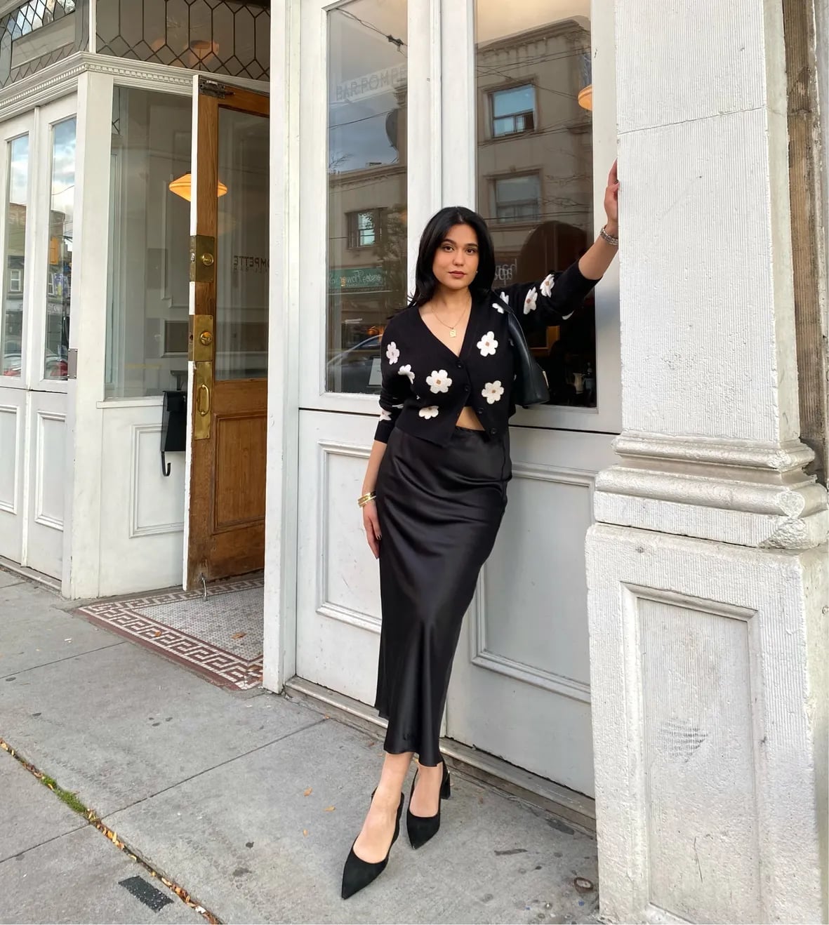 Black Satin Pencil Skirt With Floral Cardigan Black Satin Pencil Skirt With Floral Cardigan — Trendy Satin Skirt Outfits