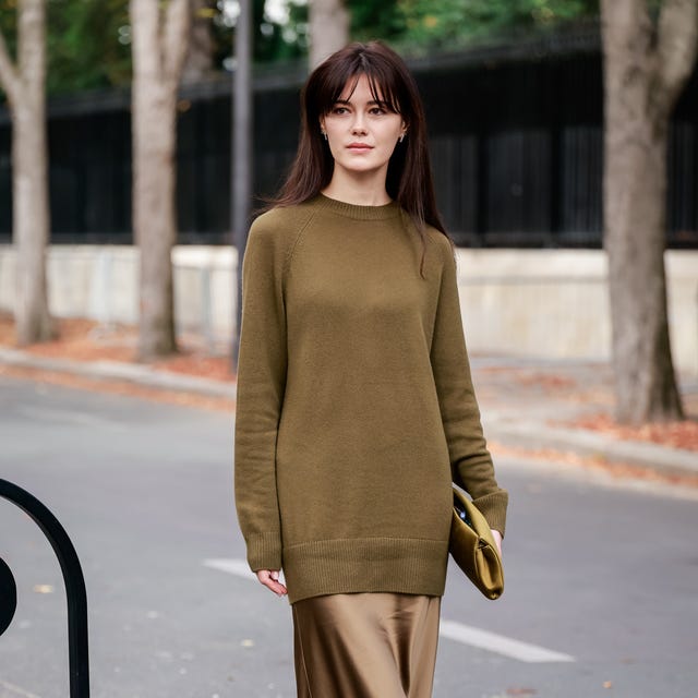 Bronze Satin Midi Skirt With Olive Green Sweater Bronze Satin Midi Skirt With Olive Green Sweater — Trendy Satin Skirt Outfits