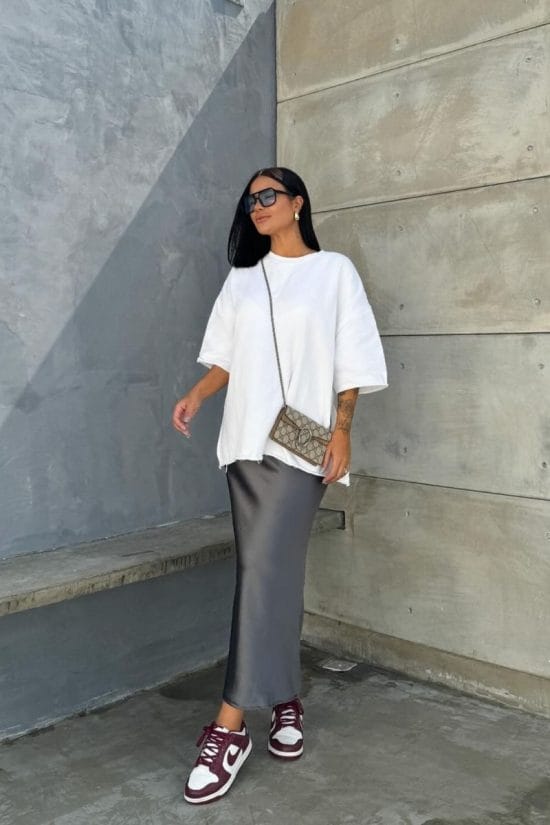 Grey Liquid Shine Satin Skirt With Oversized White Tee Grey Liquid Shine Satin Skirt With Oversized White Tee — Trendy Satin Skirt Outfits
