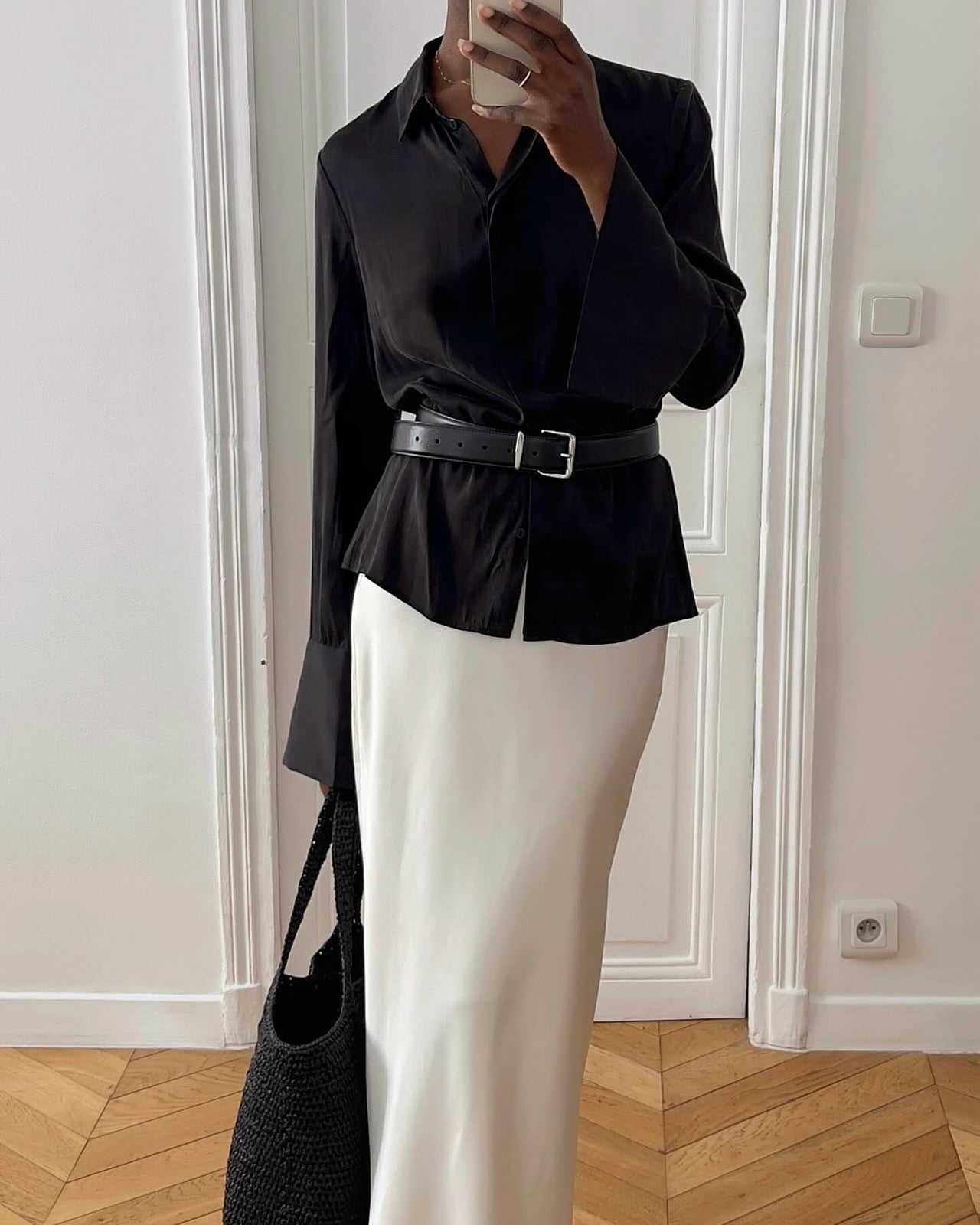 White Satin Maxi Skirt With Black Button-Down Shirt White Satin Maxi Skirt With Black Button-Down Shirt — Trendy Satin Skirt Outfits