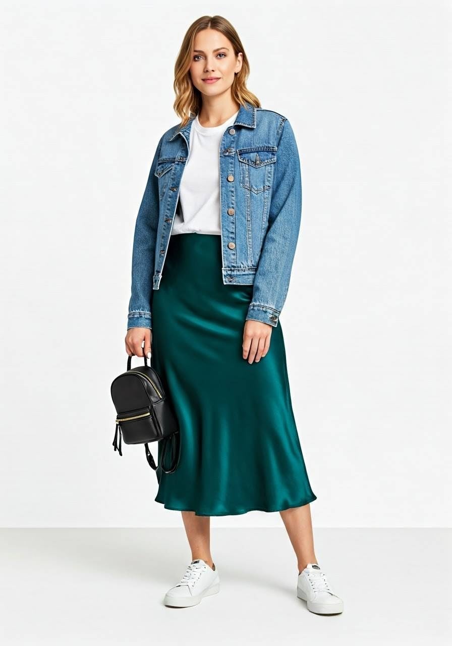 Emerald Green Satin Midi Skirt With Denim Jacket Emerald Green Satin Midi Skirt With Denim Jacket — Trendy Satin Skirt Outfits
