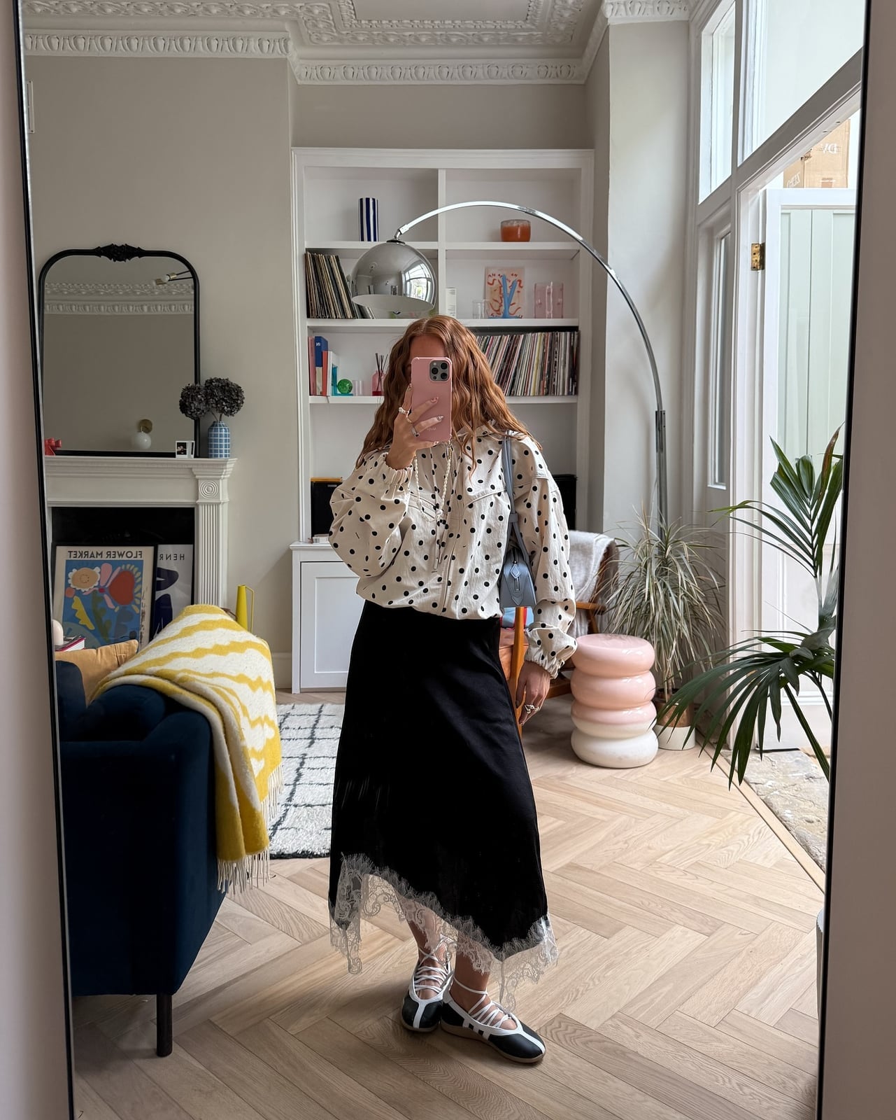Black Midi Skirt With Lace Trim and Polka Dot Blouse Black Midi Skirt With Lace Trim and Polka Dot Blouse — Trendy Satin Skirt Outfits