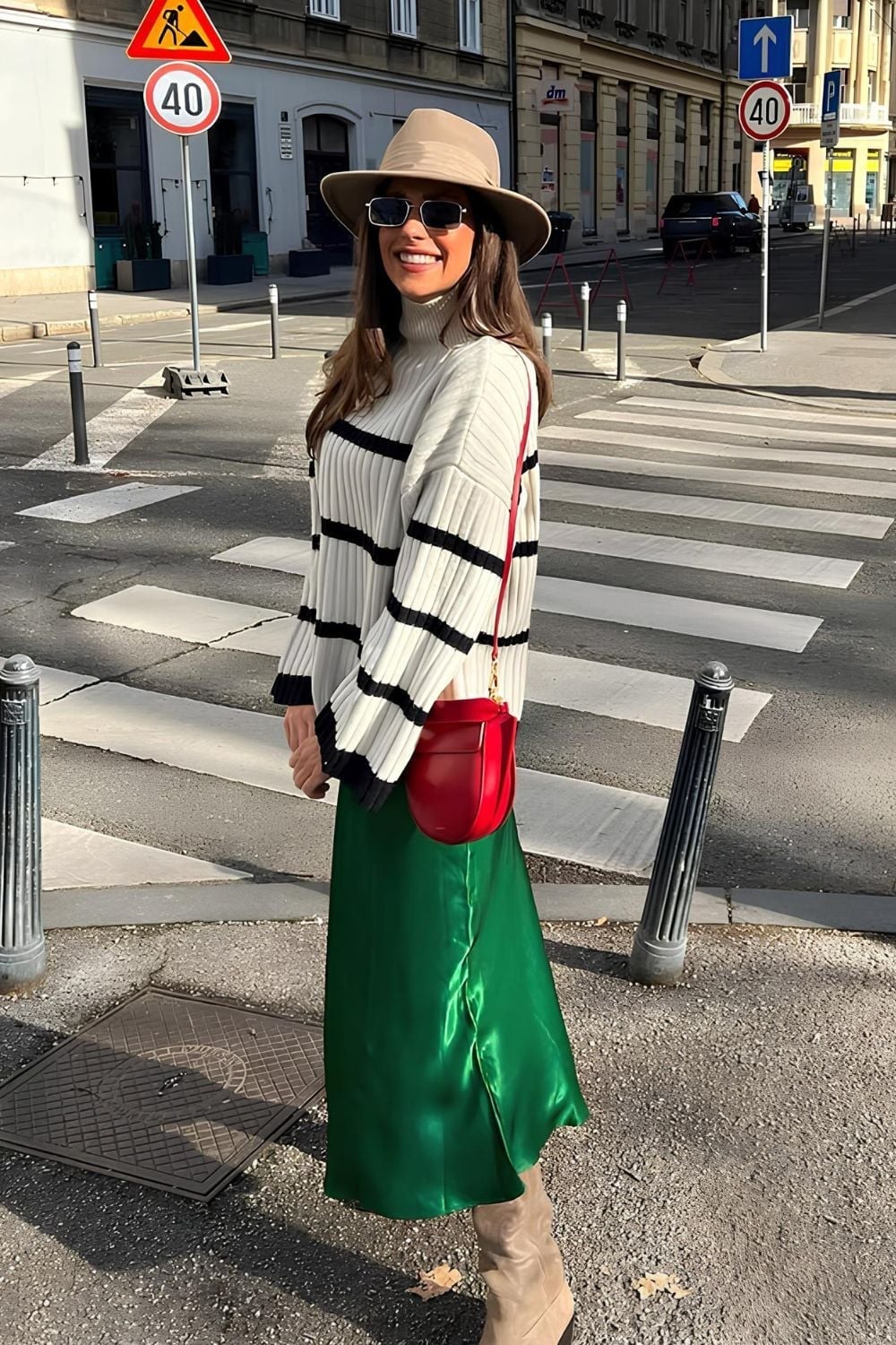 Vibrant Green Satin Midi Skirt With Striped Sweater Vibrant Green Satin Midi Skirt With Striped Sweater — Trendy Satin Skirt Outfits