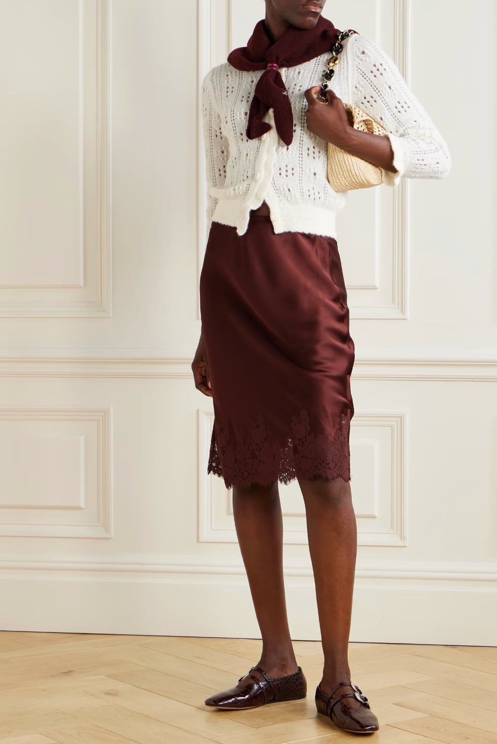 Burgundy Satin Midi Skirt With Lace Trim and Cardigan Burgundy Satin Midi Skirt With Lace Trim and Cardigan — Trendy Satin Skirt Outfits