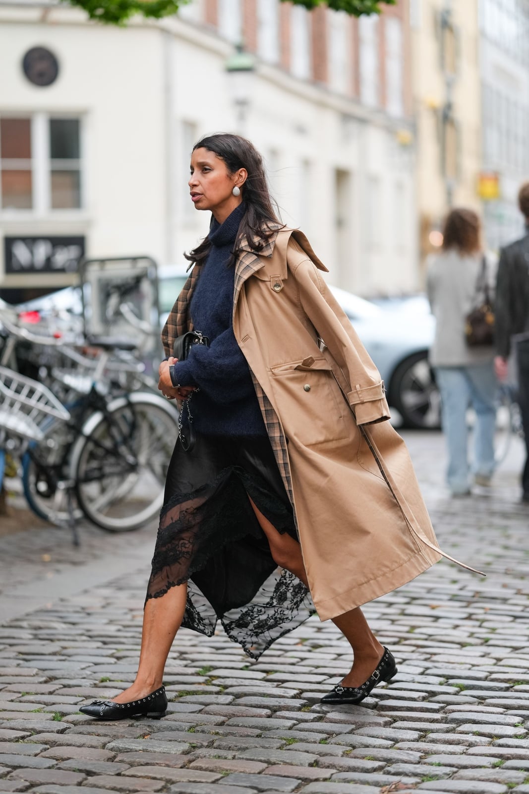 Black Satin Slip Skirt With Navy Turtleneck and Trench Coat Black Satin Slip Skirt With Navy Turtleneck and Trench Coat — Trendy Satin Skirt Outfits