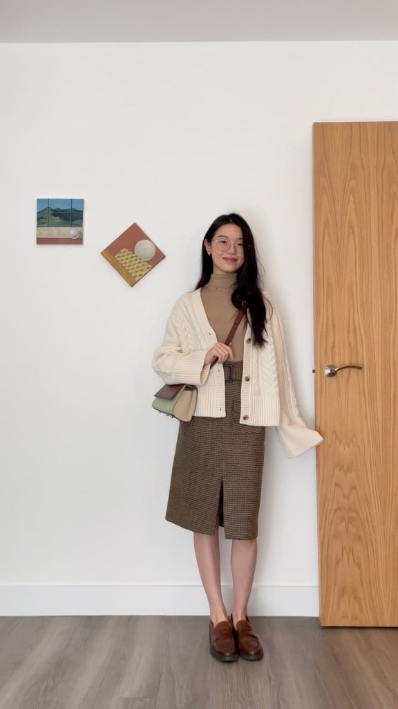 Cable-knit Cardigan with Tweed Pencil Skirt Cable-knit Cardigan with Tweed Pencil Skirt — Trendy School Outfits