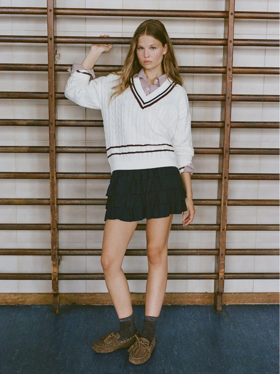 Varsity Sweater and Ruffled Mini Skirt Varsity Sweater and Ruffled Mini Skirt — Trendy School Outfits