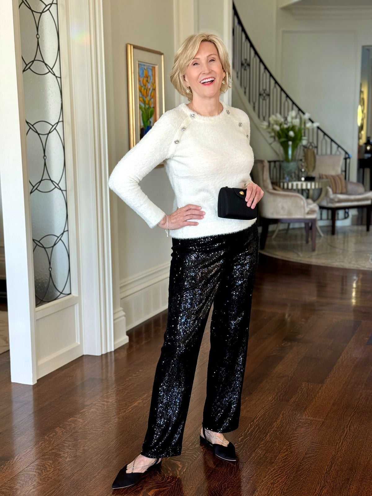 Black Sequin Wide Leg Trousers With Knit Sweater Black Sequin Wide Leg Trousers With Knit Sweater — Trendy Sequin Outfits