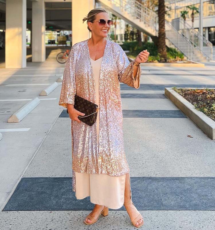 Rose Gold Sequin Cardigan Over Slip Dress Rose Gold Sequin Cardigan Over Slip Dress — Trendy Sequin Outfits