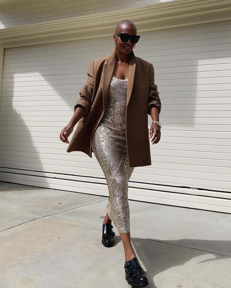 Gold Sequin Slip Dress Under A Brown Blazer Gold Sequin Slip Dress Under A Brown Blazer — Trendy Sequin Outfits