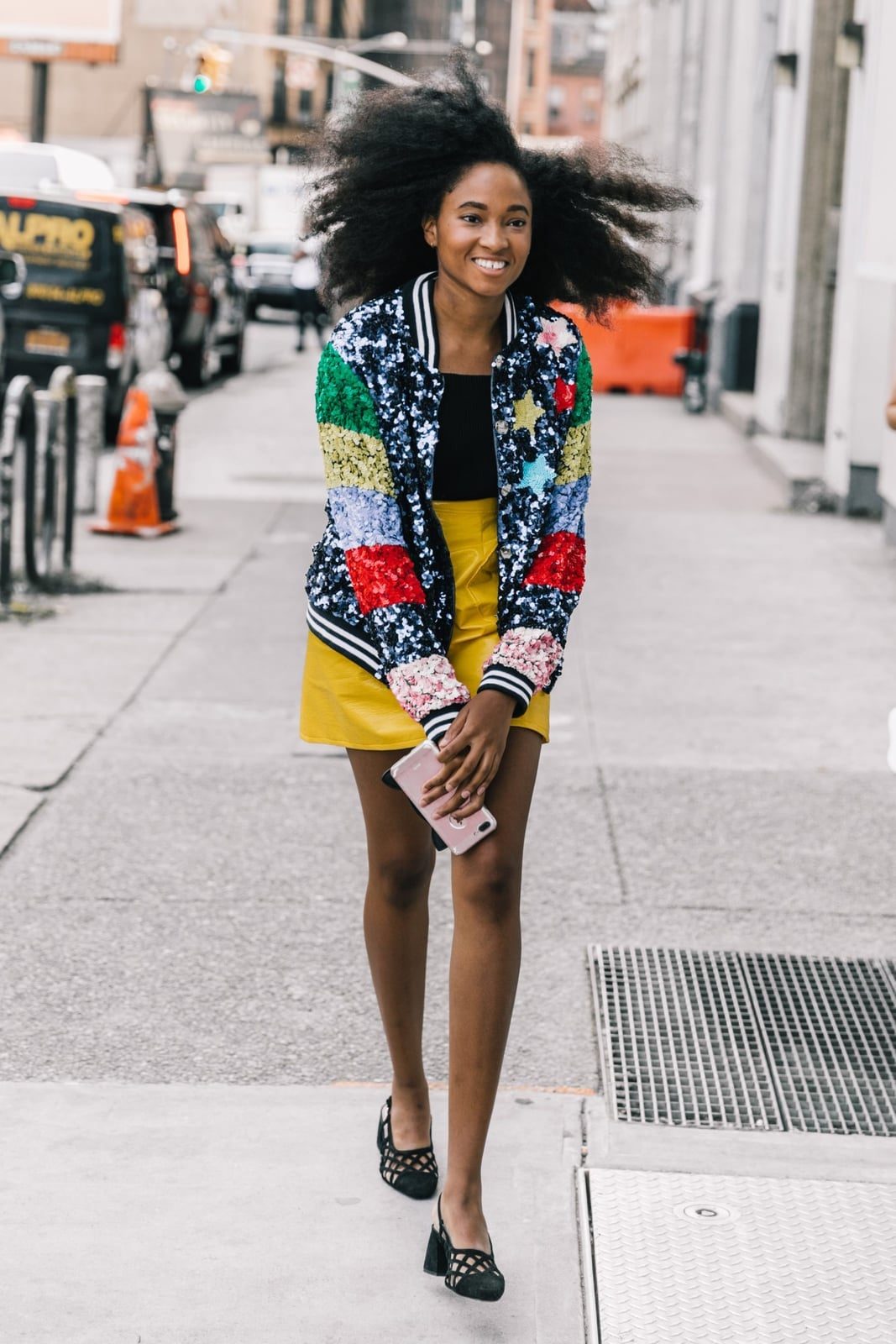 Multicolored Sequin Bomber Jacket Over Yellow Skirt Multicolored Sequin Bomber Jacket Over Yellow Skirt — Trendy Sequin Outfits