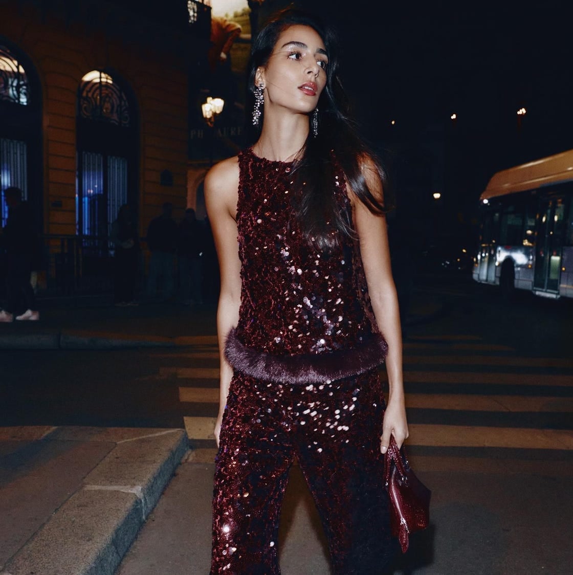 Burgundy Sequin Set With Faux Fur Trim Burgundy Sequin Set With Faux Fur Trim — Trendy Sequin Outfits