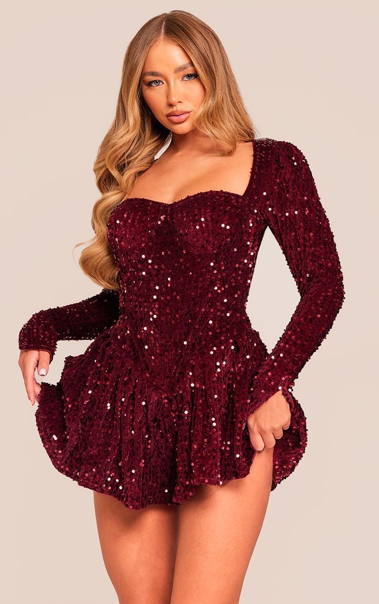 Deep Red Sequin Mini Dress With Flared Skirt Deep Red Sequin Mini Dress With Flared Skirt — Trendy Sequin Outfits