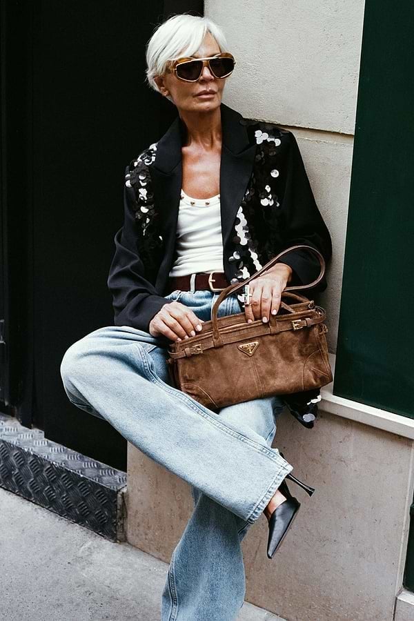 Sequin Blazer Over A White Tank With Wide Leg Jeans Sequin Blazer Over A White Tank With Wide Leg Jeans — Trendy Sequin Outfits
