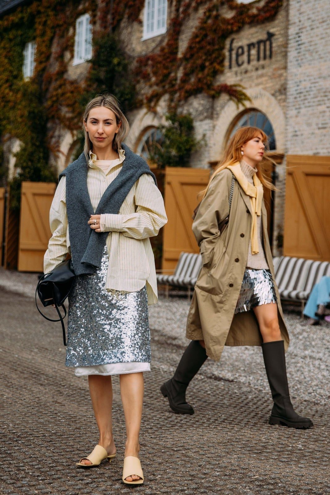 Silver Sequin Midi Skirt With Striped Shirt Silver Sequin Midi Skirt With Striped Shirt — Trendy Sequin Outfits