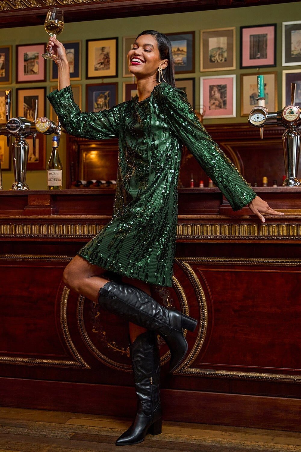 Green Sequin Shift Dress With Knee High Boots Green Sequin Shift Dress With Knee High Boots — Trendy Sequin Outfits