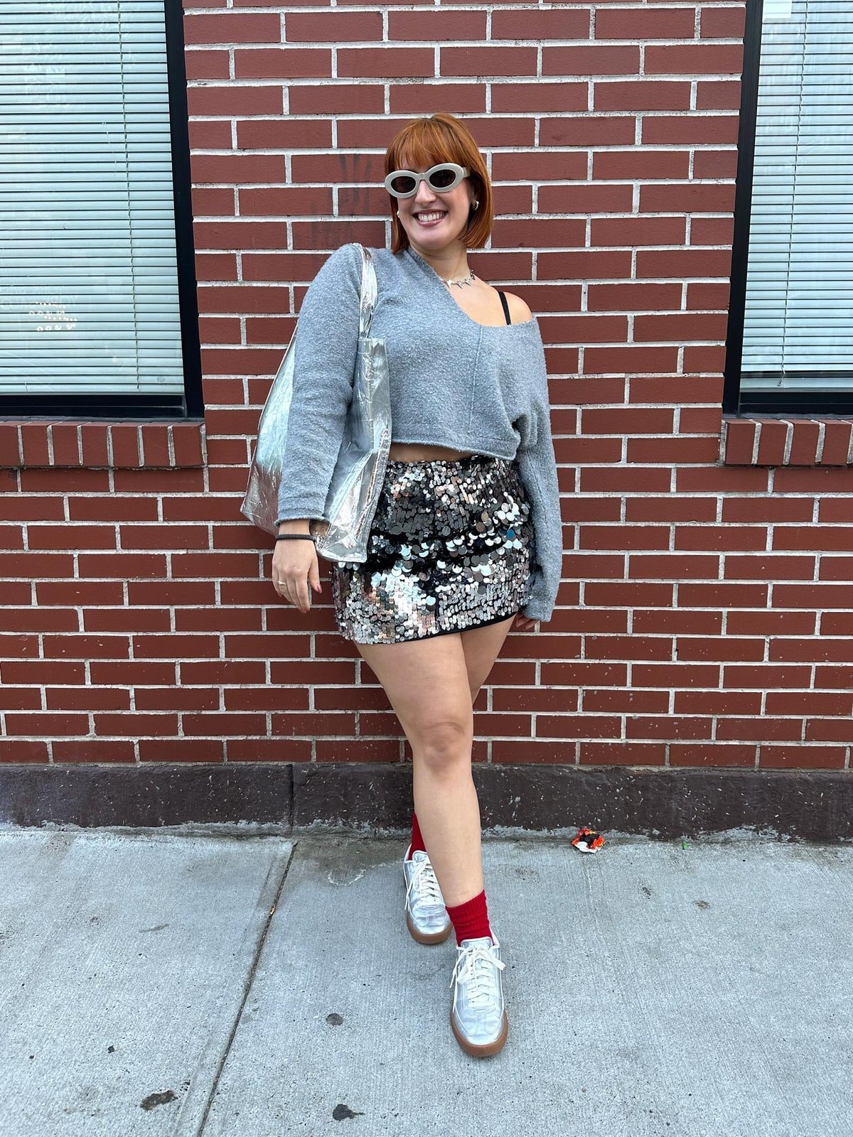 Metallic Sequin Mini Skirt With Sneakers Metallic Sequin Mini Skirt With Sneakers — Trendy Sequin Outfits