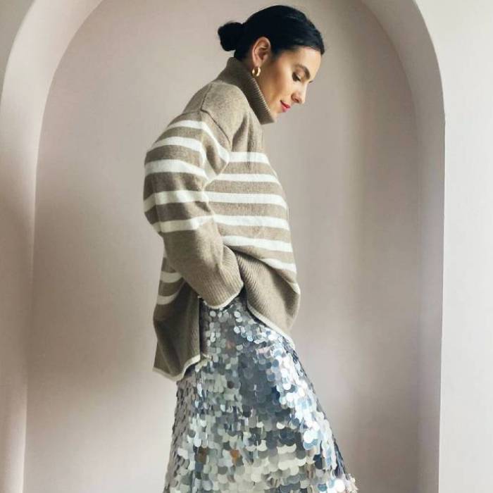 Silver Sequin A-line Skirt With Striped Knit Sweater — Trendy Sequin Skirt Outfit