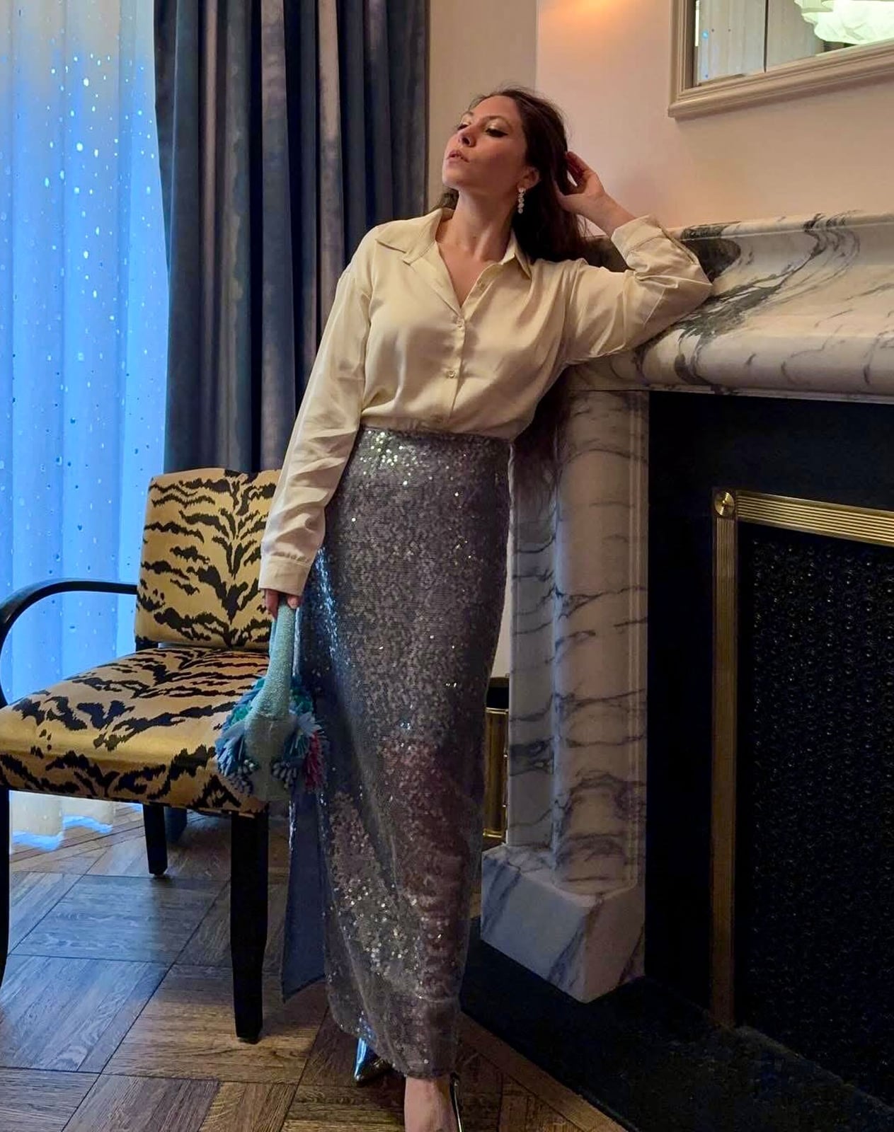 Silver Sequin Maxi Skirt With Cream Silk Shirt — Trendy Sequin Skirt Outfit
