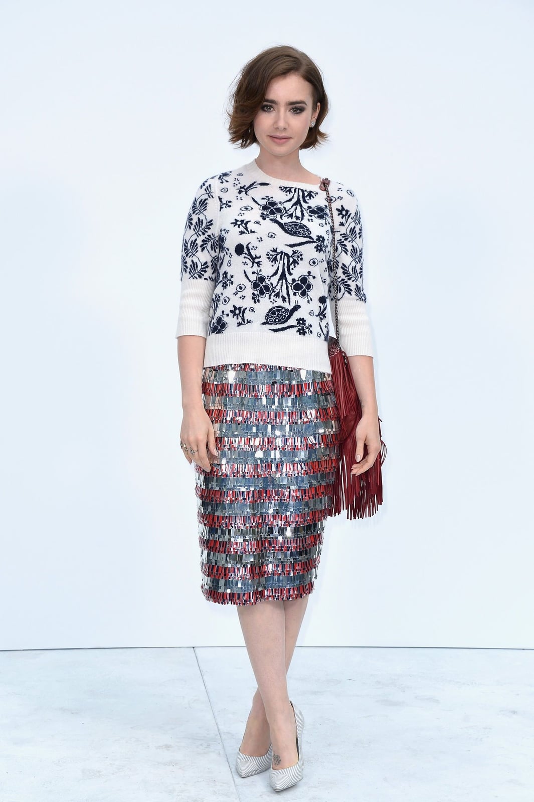 Striped Sequin Midi Skirt With Patterned Sweater — Trendy Sequin Skirt Outfit