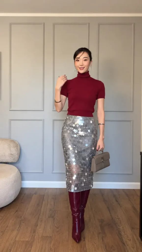 Pink Sequin Midi Skirt With Matching Cardigan — Trendy Sequin Skirt Outfit