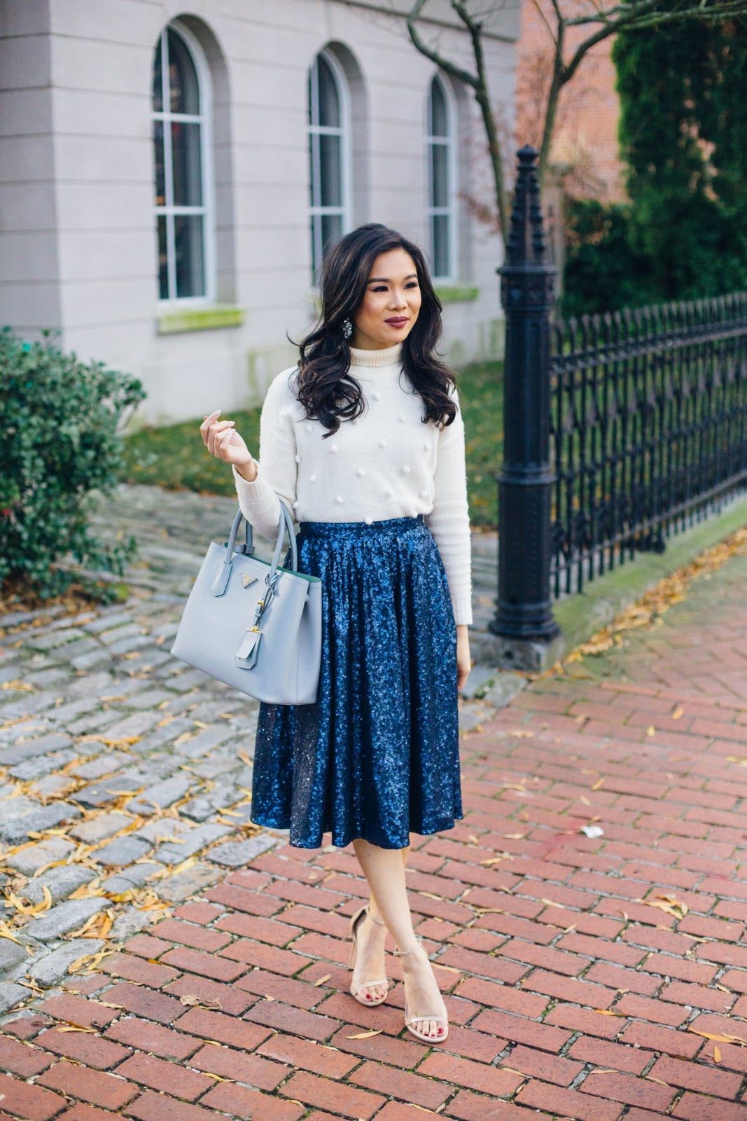 Blue Sequin Midi Skirt With Pom-Pom Sweater — Trendy Sequin Skirt Outfit