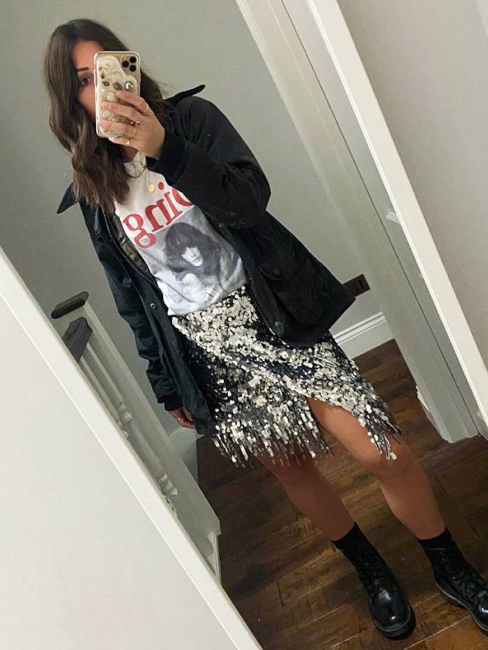 Silver Sequin Fringe Mini Skirt With Graphic T-shirt and Jacket — Trendy Sequin Skirt Outfit