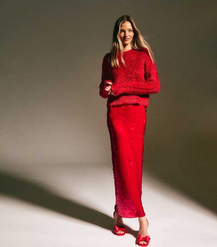 Red Sequin Maxi Skirt With Matching Knit Sweater — Trendy Sequin Skirt Outfit
