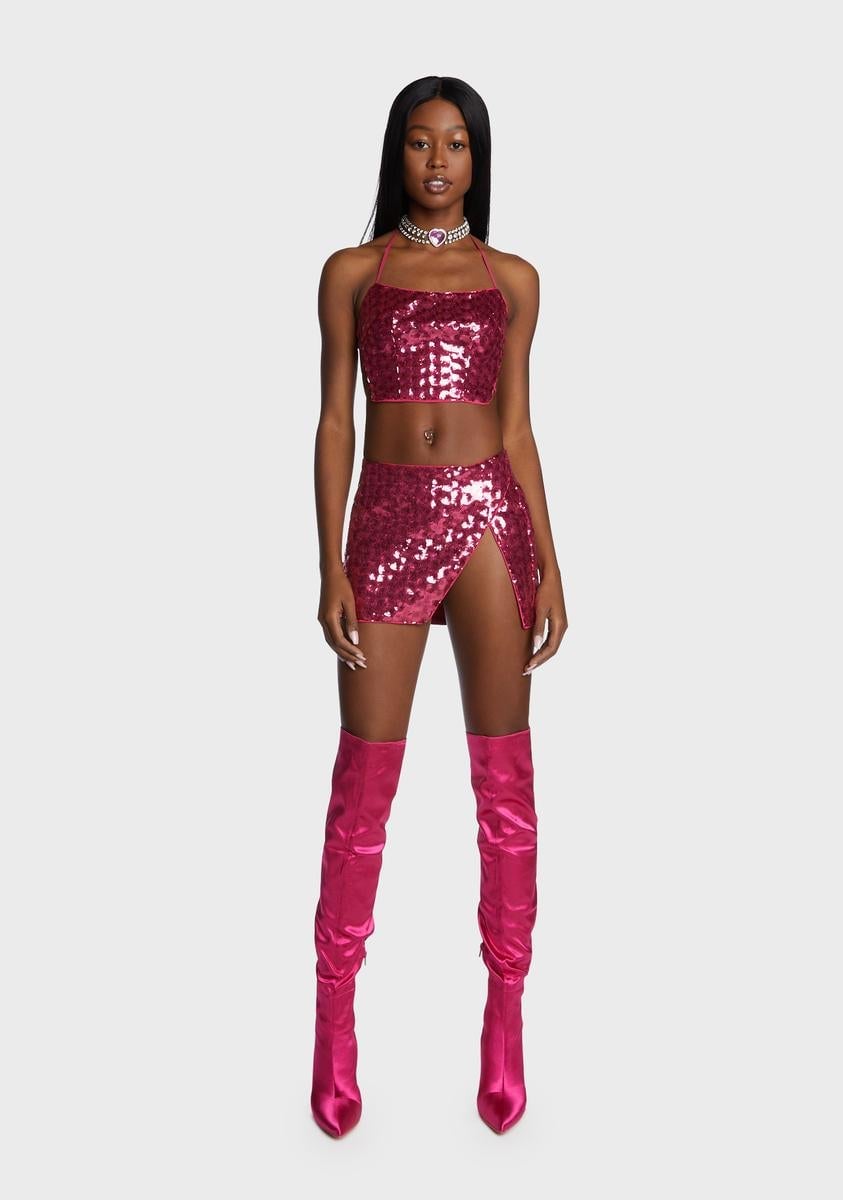Iridescent Sequin Mini Skirt With Black Satin Shirt — Trendy Sequin Skirt Outfit