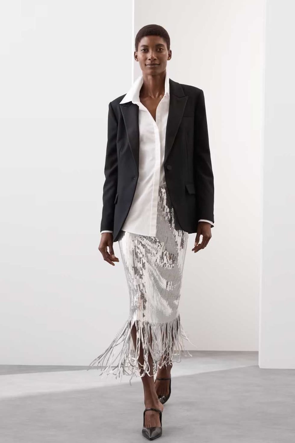 Silver Sequin Fringe Midi Skirt With White Shirt and Black Blazer — Trendy Sequin Skirt Outfit