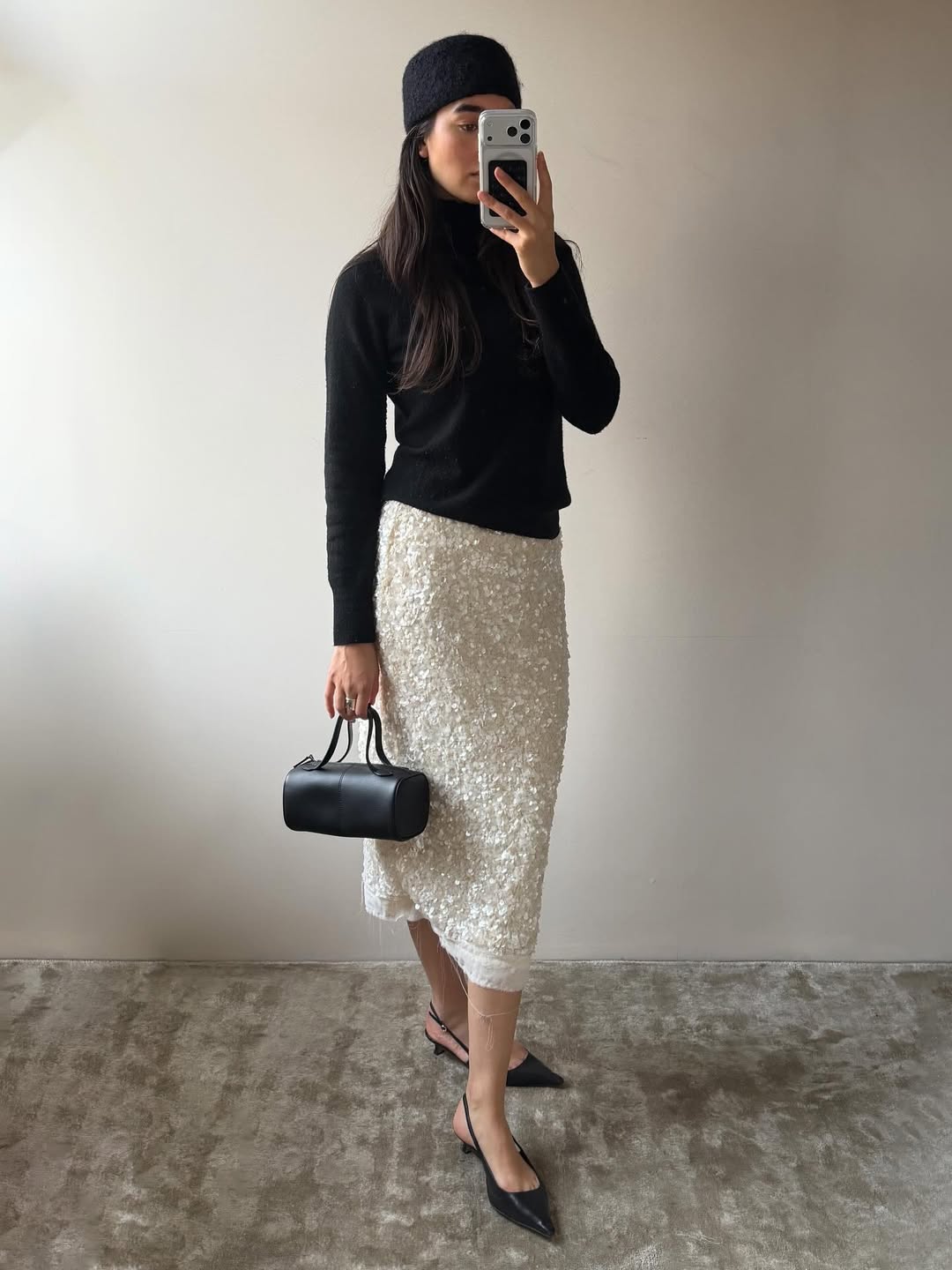 White Sequin Midi Skirt With Black Turtleneck — Trendy Sequin Skirt Outfit