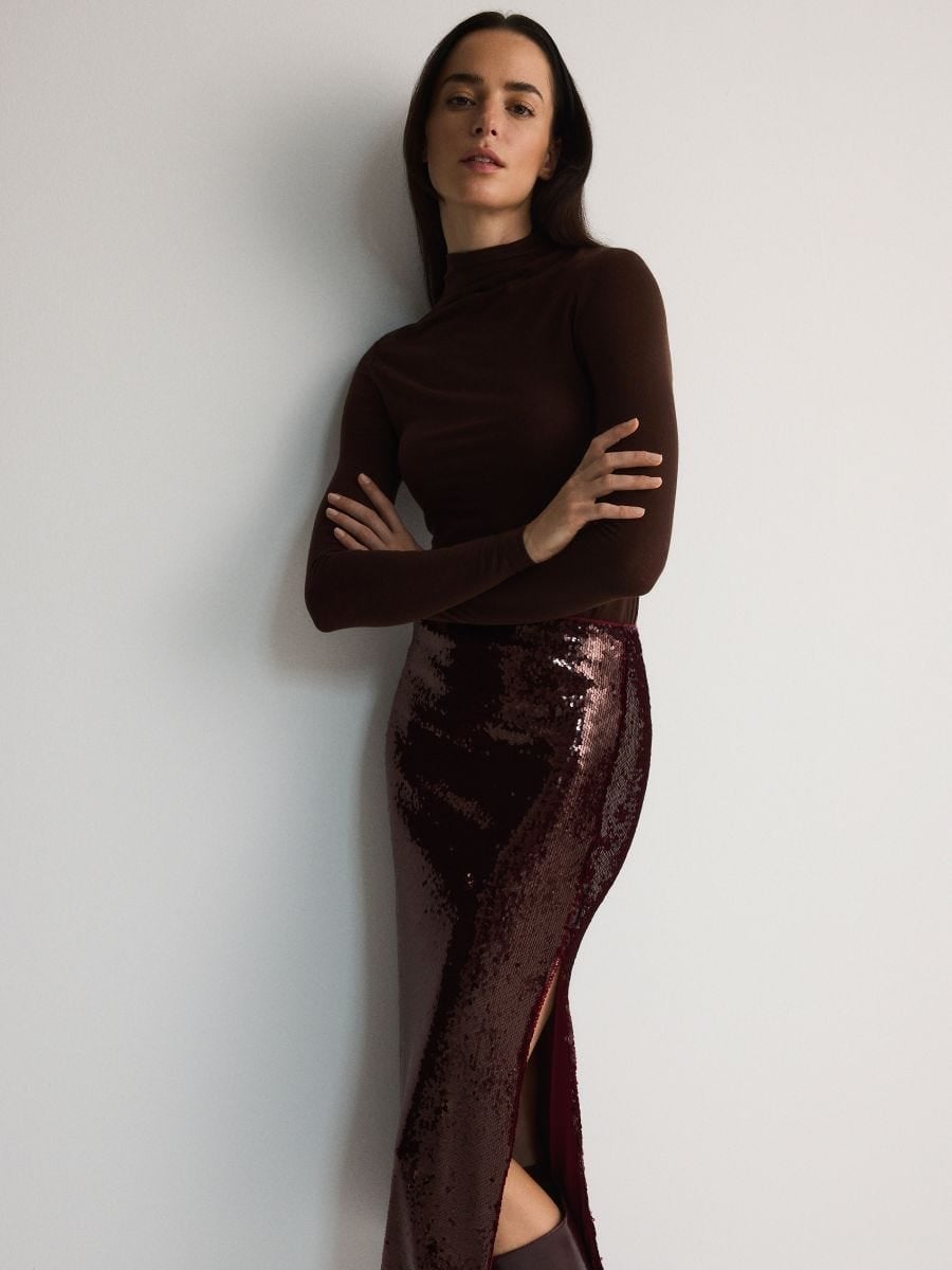 Burgundy Sequin Maxi Skirt With Brown Turtleneck — Trendy Sequin Skirt Outfit
