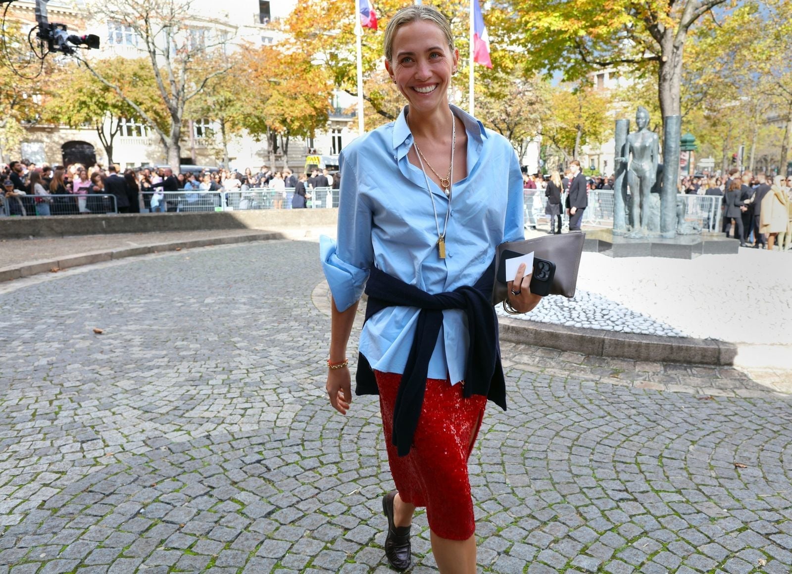 Red Sequin Midi Skirt With Light Blue Shirt and Black Sweater — Trendy Sequin Skirt Outfit