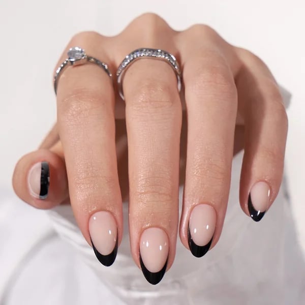 Nude Black French Half Moon Short Almond Nails — Trendy Short Almond Nails