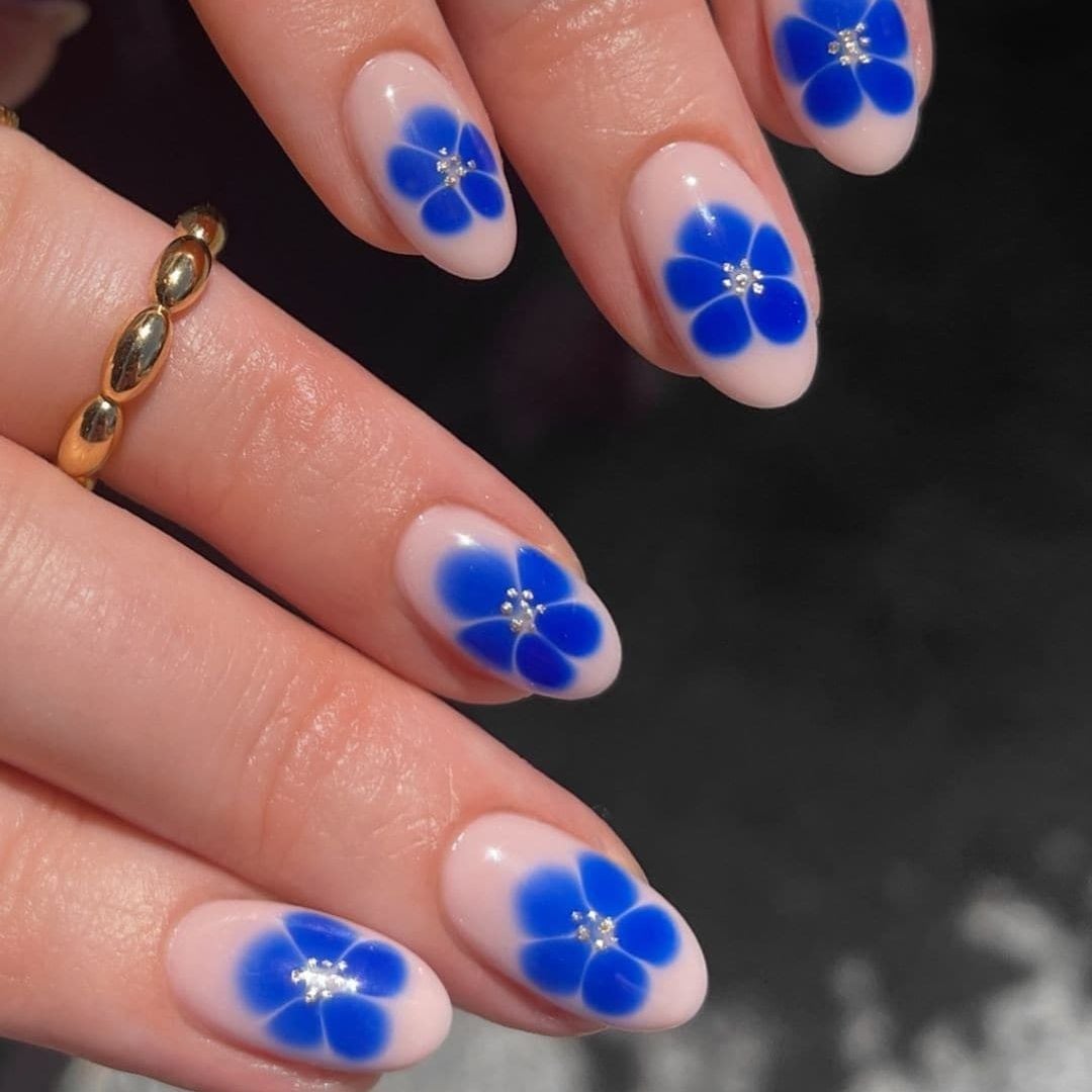 Pink Blue Floral Silver Dot Short Almond Nails — Trendy Short Almond Nails