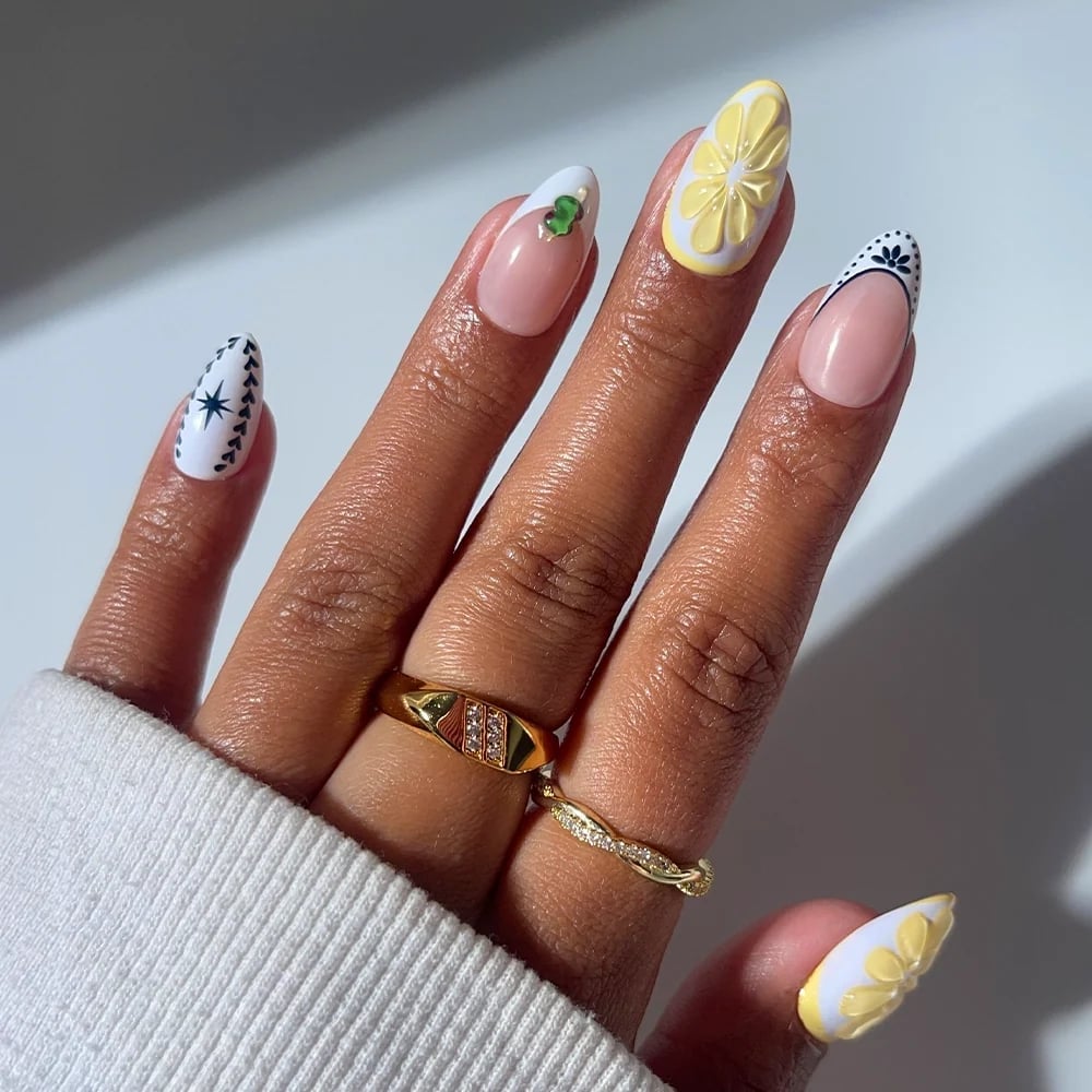 Pink Lemon Slice Leaf Starburst Short Almond Nails — Trendy Short Almond Nails