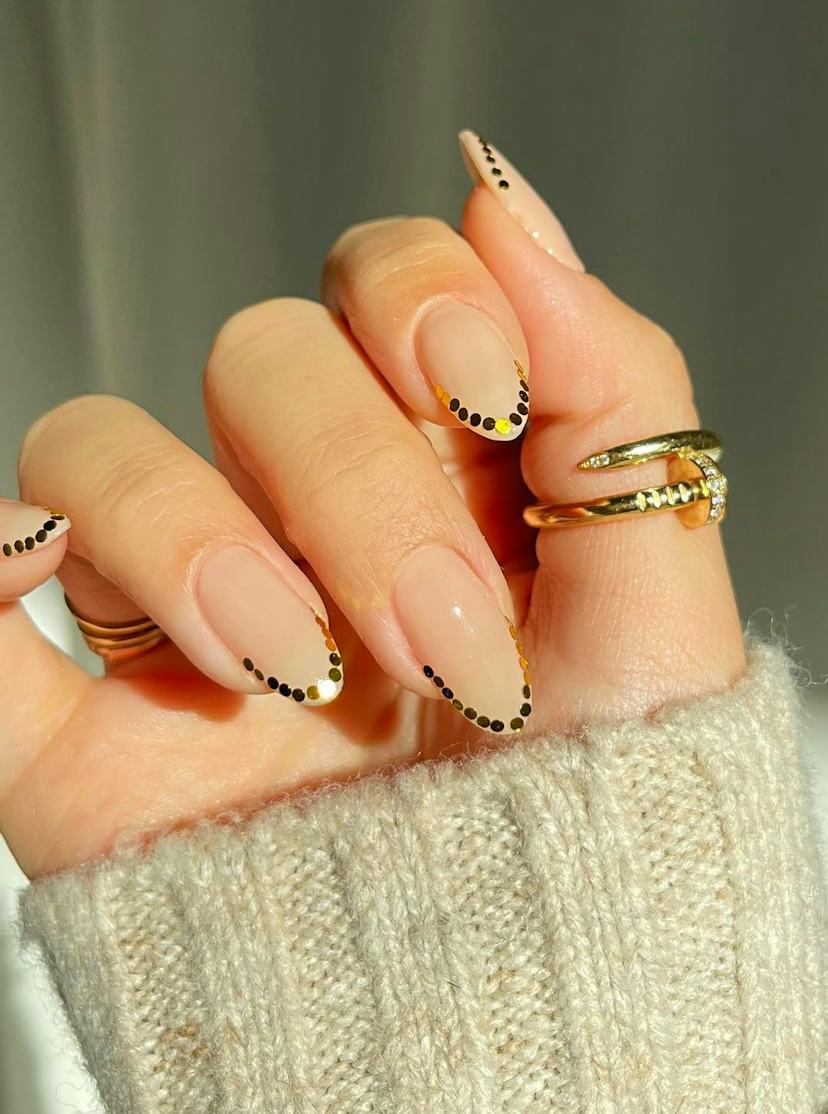 Sheer Nude Gold Dot French Short Almond Nails — Trendy Short Almond Nails