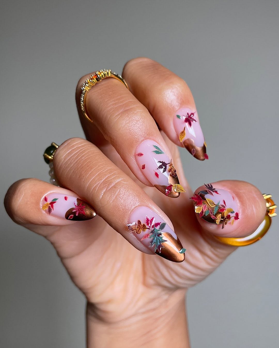 Pink Metallic Bronze Leaf Short Almond Nails — Trendy Short Almond Nails