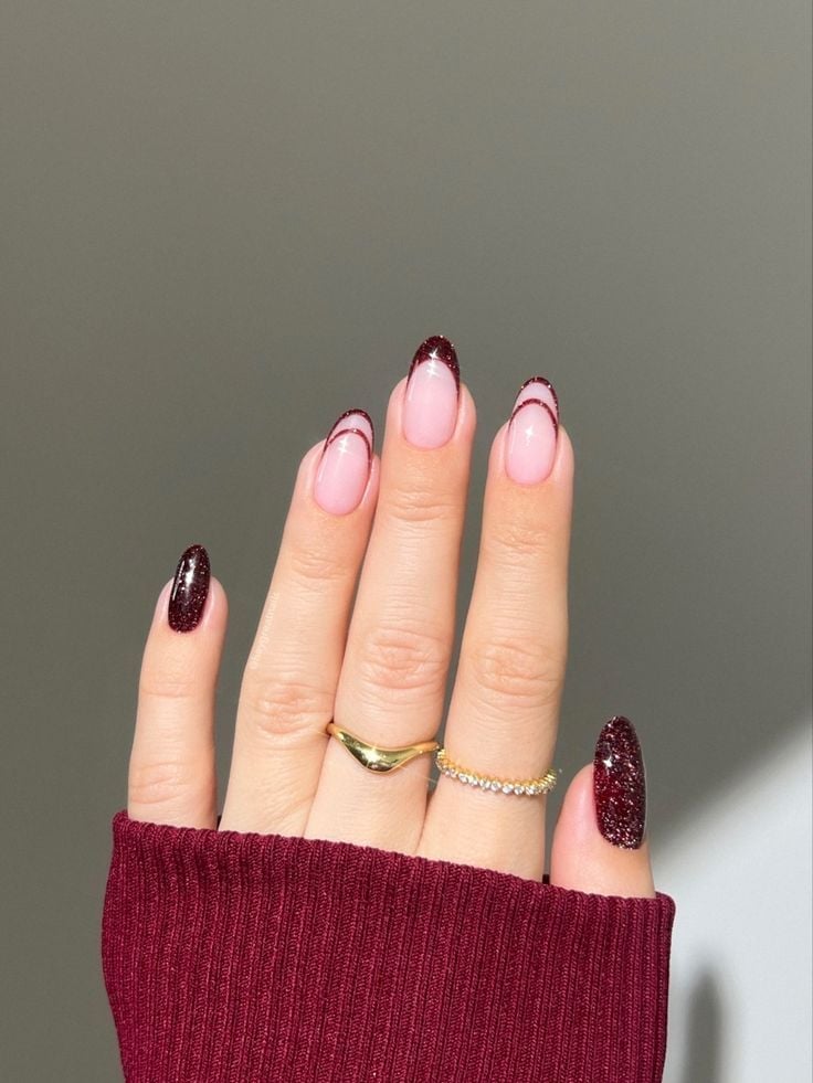 Nude Burgundy Glitter French Short Almond Nails — Trendy Short Almond Nails