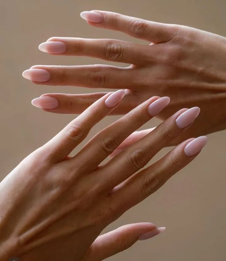 Milky Pink Sheer Glossy Short Almond Nails, Close-Up Take — Trendy Short Almond Nails