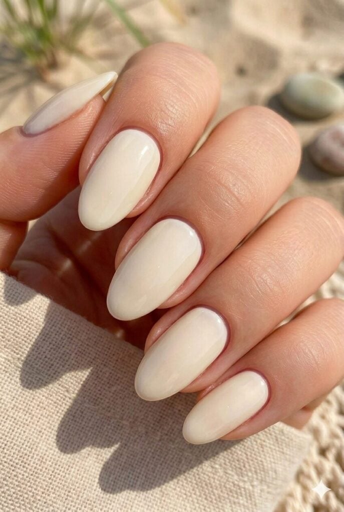 Milky Off-White Glossy Short Almond Nails — Trendy Short Almond Nails