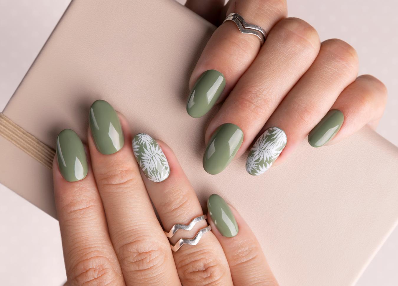 Sage Green Matte White Floral Short Almond Nails — Trendy Short Almond Nails