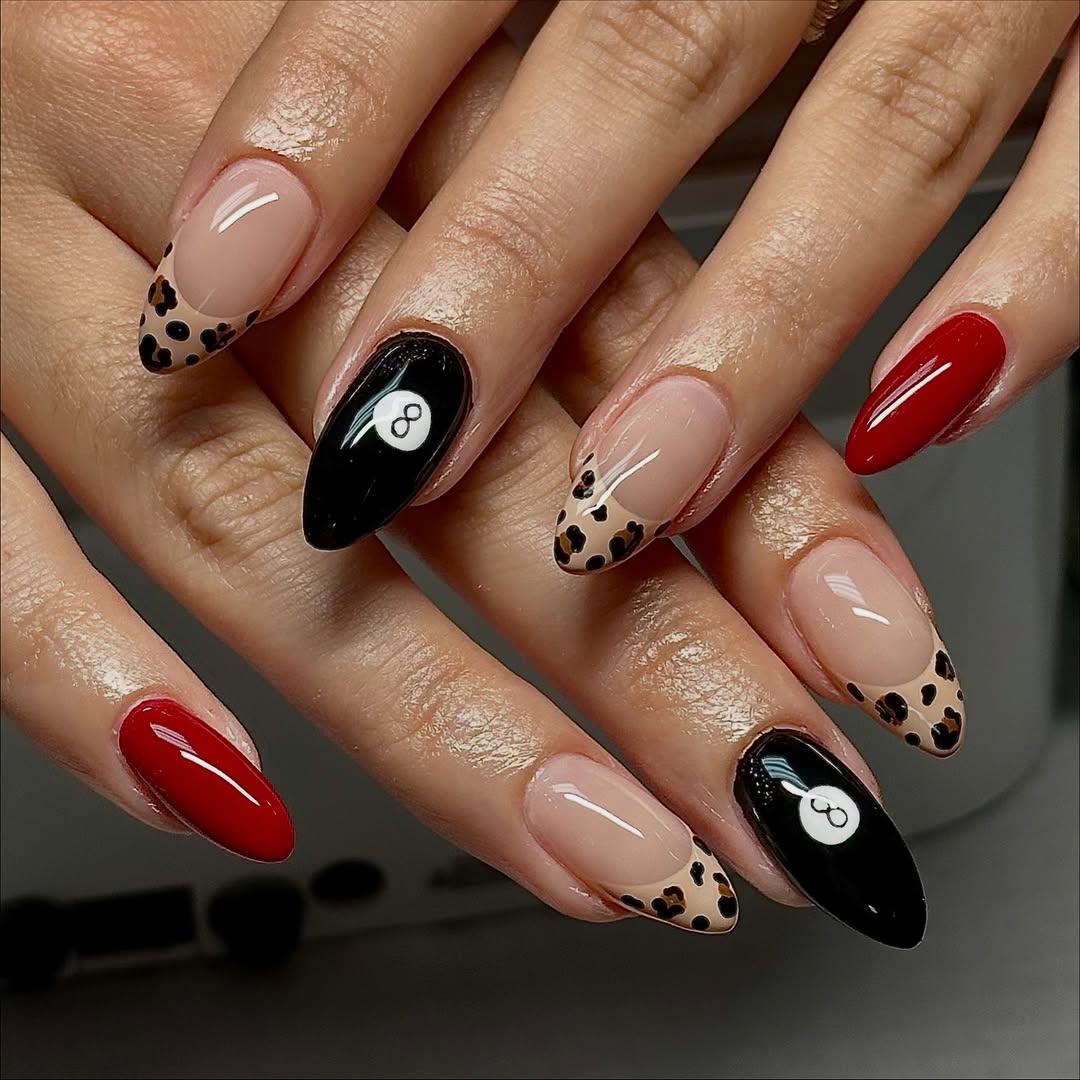 Nude Leopard Print Black 35 Ball Short Almond Nails — Trendy Short Almond Nails