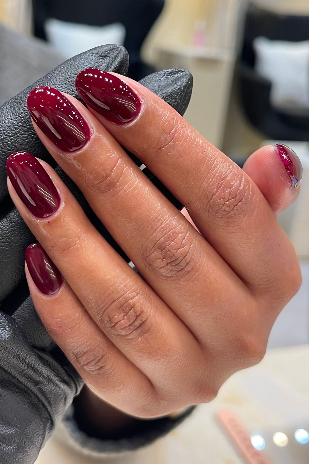 Deep Burgundy Glossy Short Almond Nails — Trendy Short Almond Nails