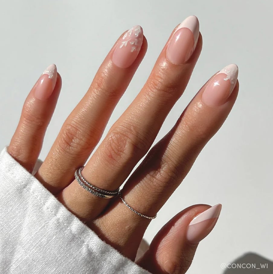 Nude White Floral French Short Almond Nails — Trendy Short Almond Nails