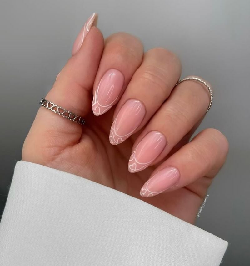 Pale Pink White Heart Line Short Almond Nails — Trendy Short Almond Nails