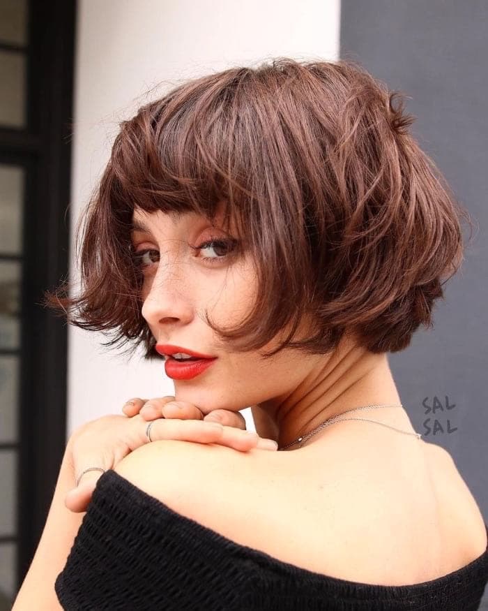 Brown Bob With Balayage And Curtain Bangs — Trendy Short Bob