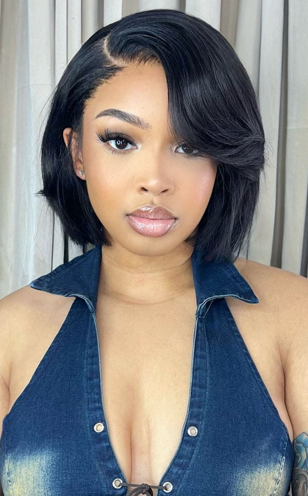 Black Bob With Side-Swept Bangs Blowout — Trendy Short Bob