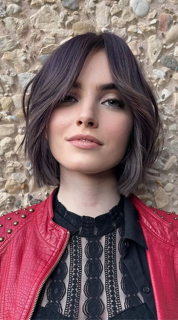 Dark Ash Brown Bob With Side-Swept Bangs — Trendy Short Bob