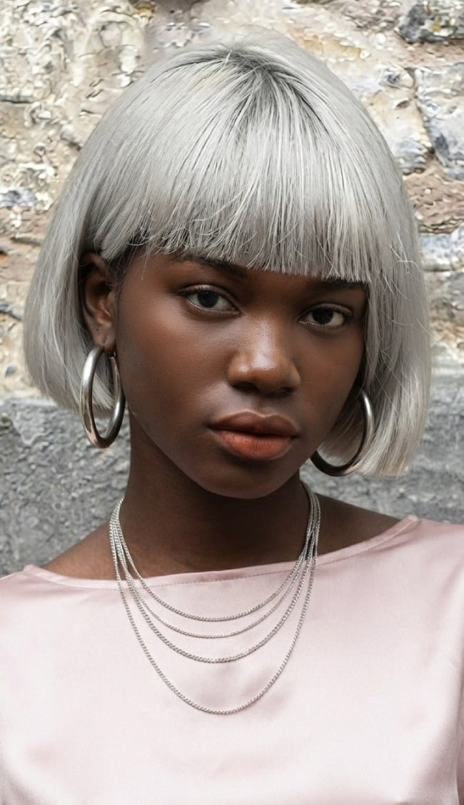 Silver Blunt Bob With Blunt Bangs — Trendy Short Bob